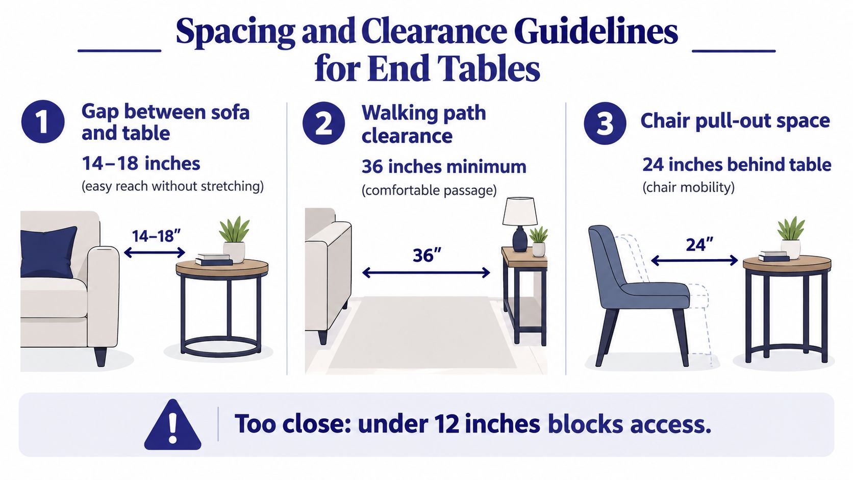 An infographic showing recommended spacing and clearance guidelines for arranging end tables in a living room.