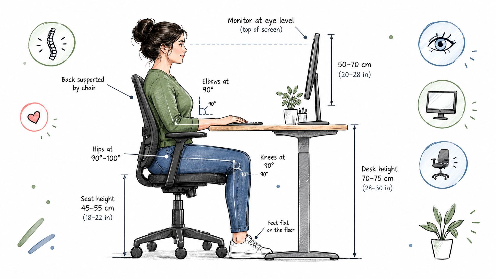 A diagram illustrating the correct ergonomic posture for sitting at a desk and using a computer.