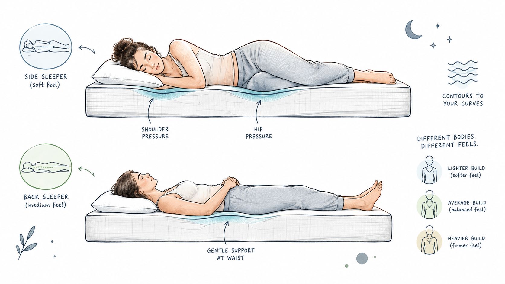 An illustration showing how different body positions and weights affect the contouring of a mattress surface.
