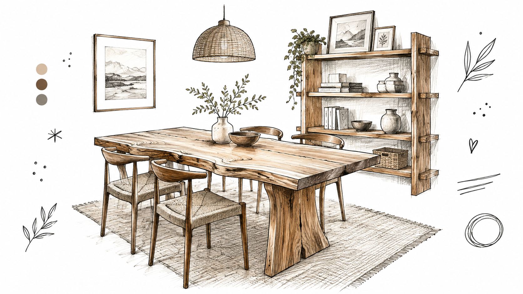 A hand-drawn sketch of a dining room featuring a natural wood table, woven chairs, and shelving.