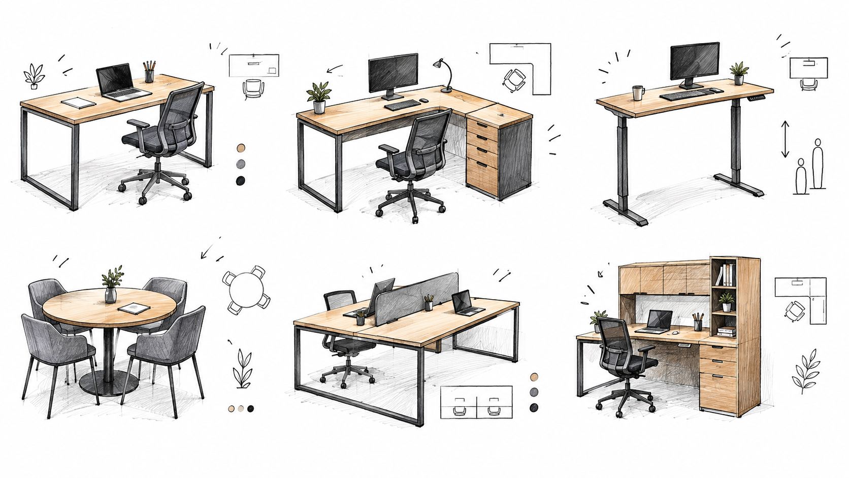 A collection of architectural sketches showcasing various modern office desk setups and workplace furniture configurations.