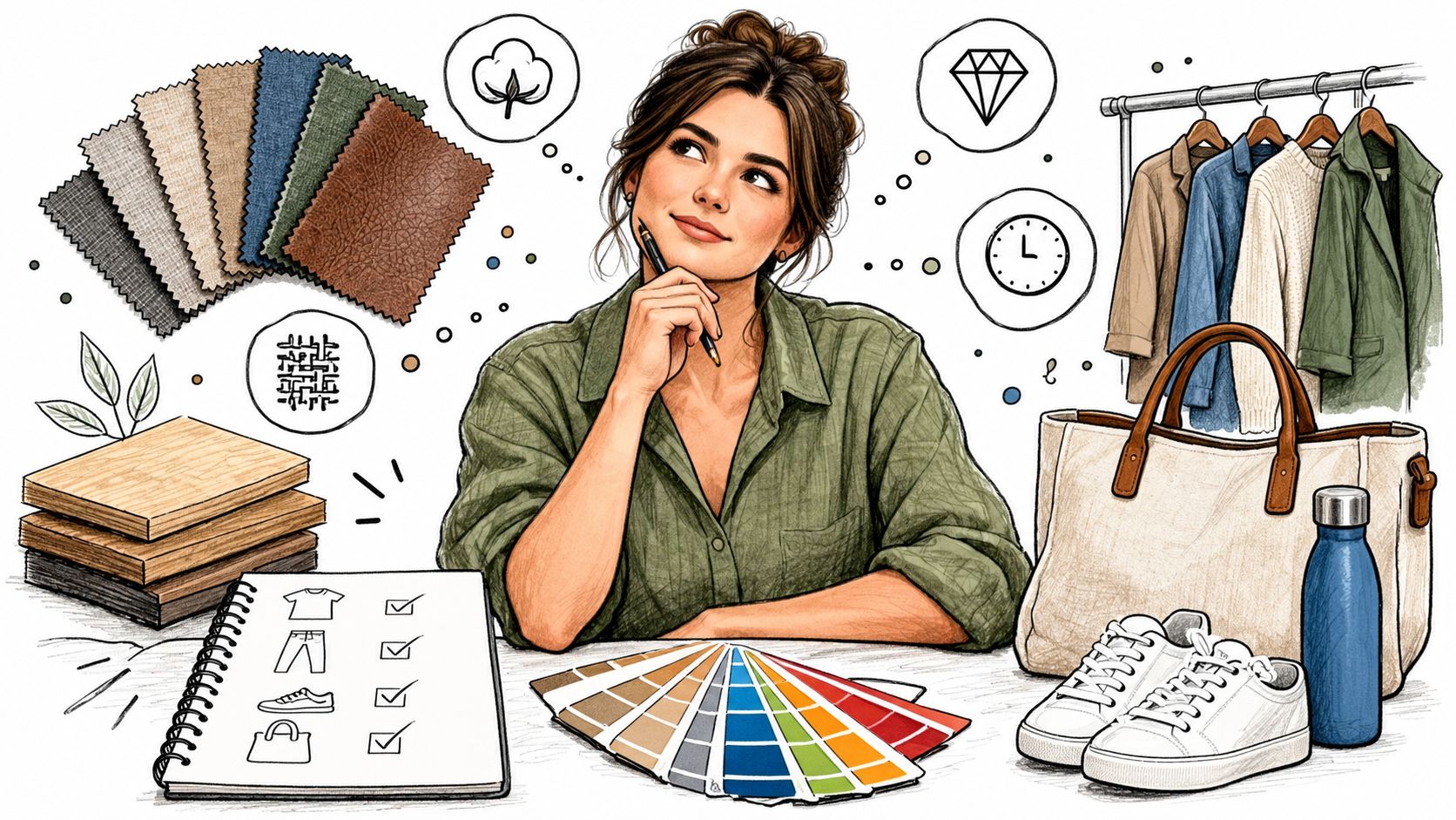 A creative fashion designer contemplates fabric swatches, sketches, and clothing items in a bright, organized studio space.