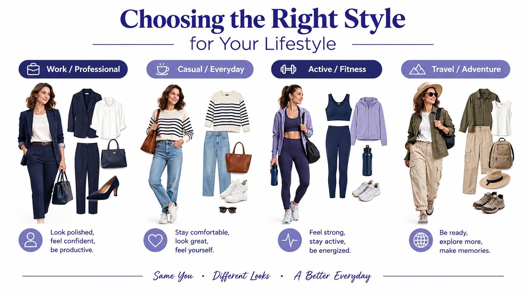 A fashion infographic displaying four different lifestyle clothing styles including professional, casual, fitness, and adventure outfits.