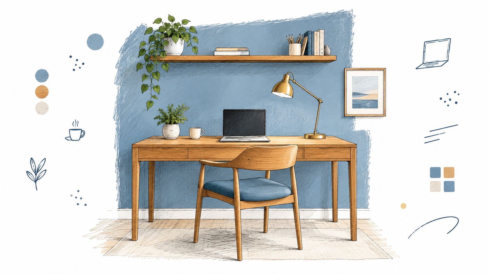 A cozy home office with a wooden desk, chair, desk lamp, and indoor plants against blue wall.