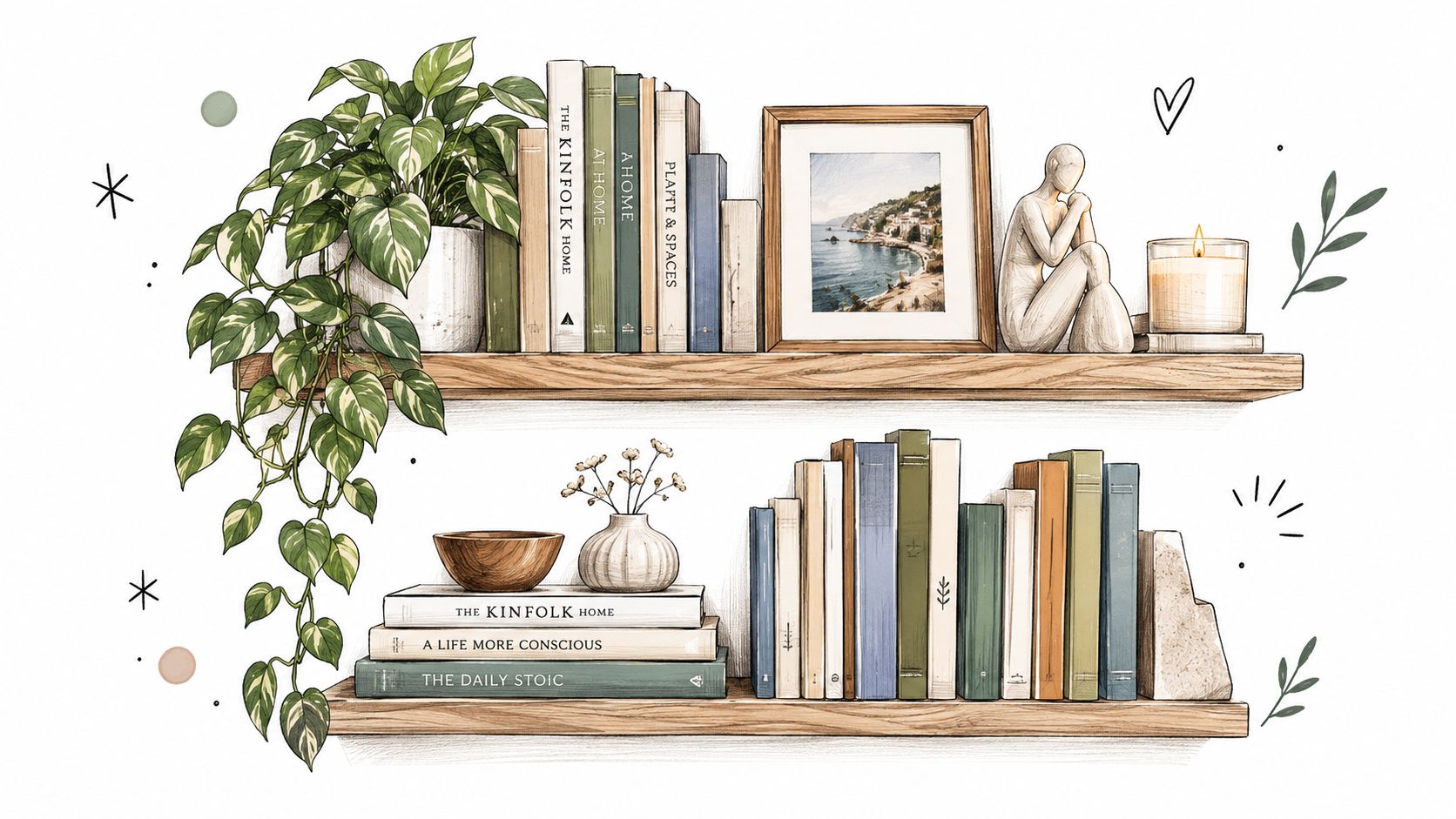 A hand-drawn illustration of two floating wooden shelves decorated with potted plants, books, and decor items.