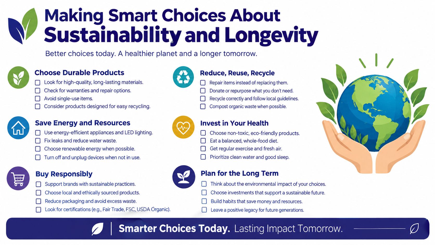 An infographic titled Making Smart Choices About Sustainability and Longevity providing tips for environmentally conscious living.