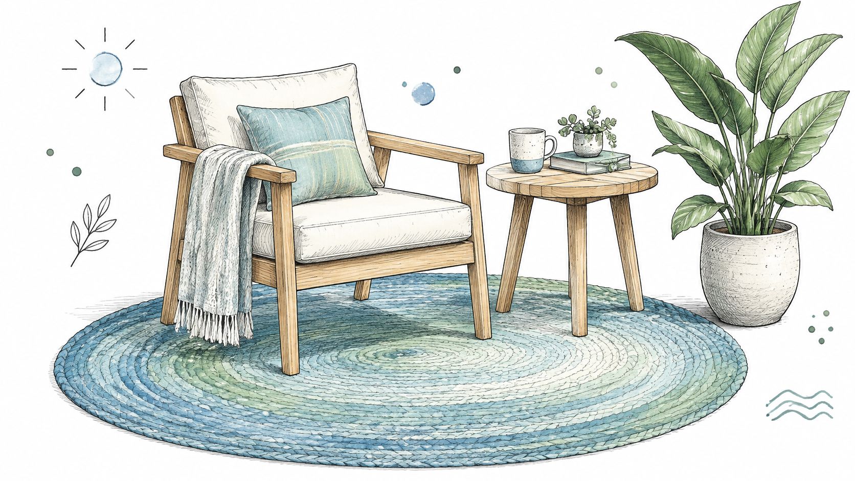 A cozy lounge area featuring a wooden chair with a blue pillow and a matching blue green round rug.