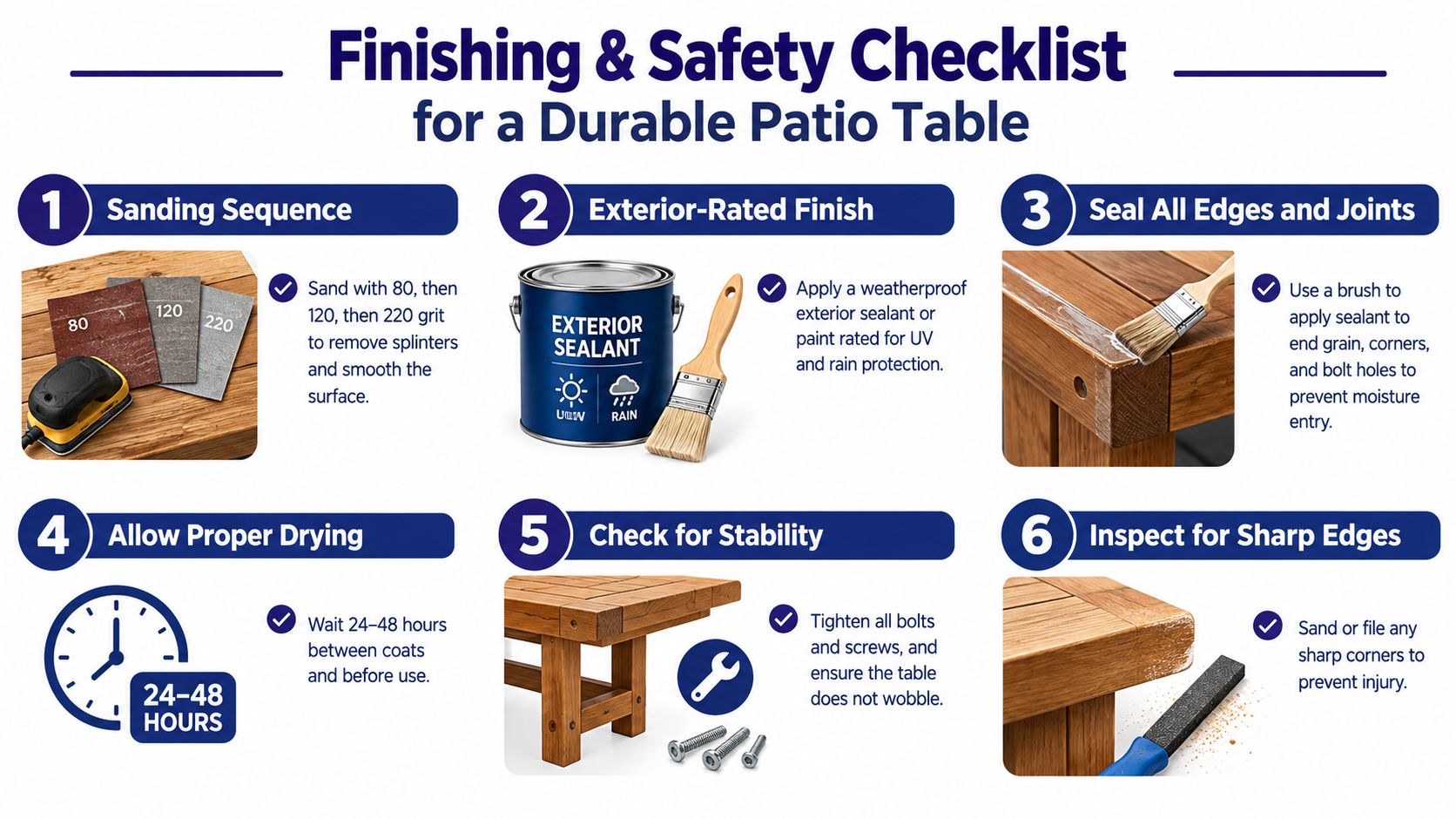 A six-step instructional infographic detailing the finishing and safety steps for building a durable patio table.