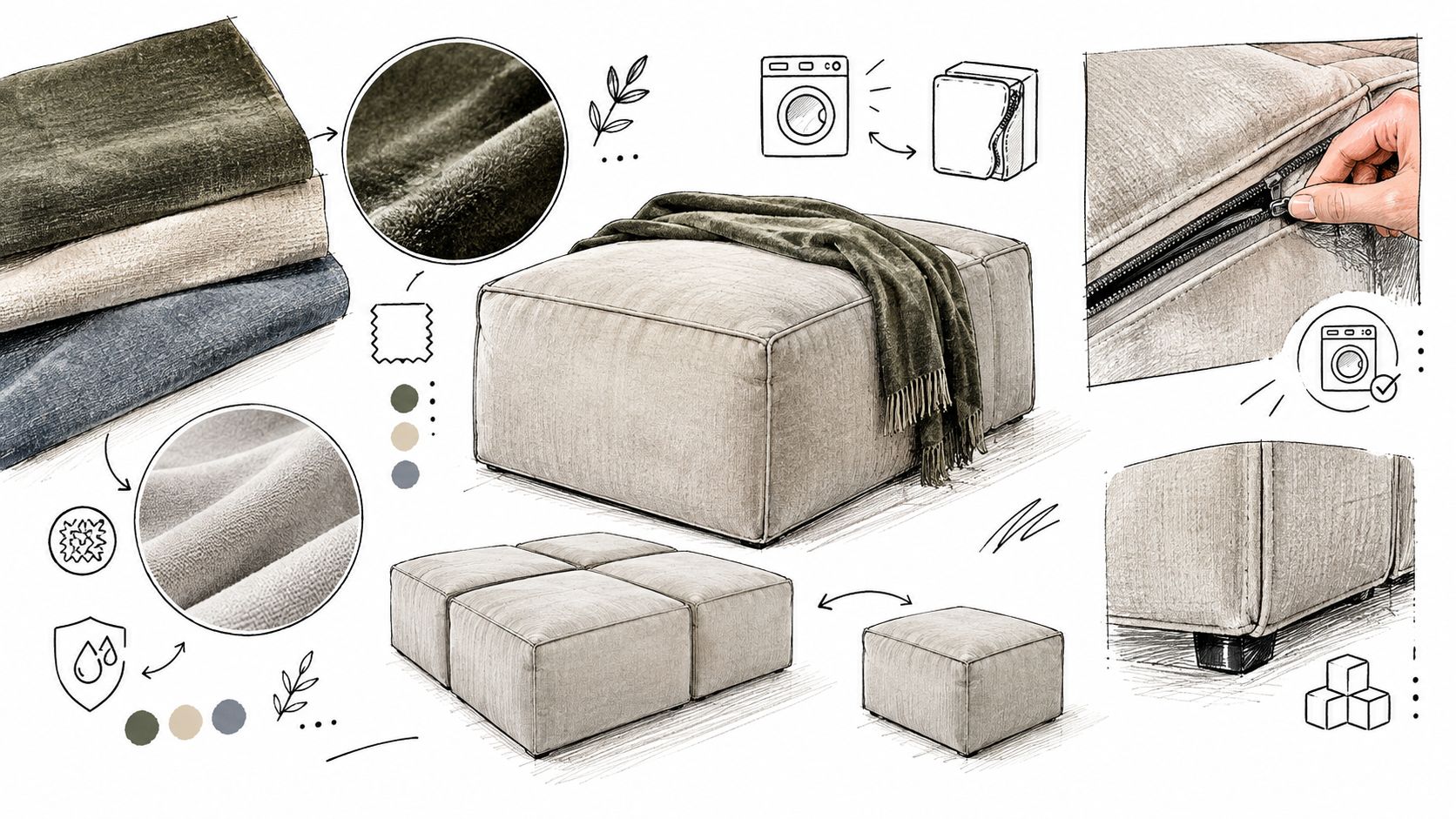 A detailed technical drawing illustration showcasing a modular ottoman sectional with machine washable covers and water-repellent fabric.