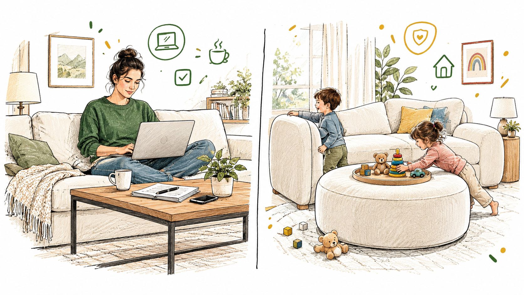 An illustration showing a mother working on a laptop at a coffee table, and children playing with toys on an ottoman.