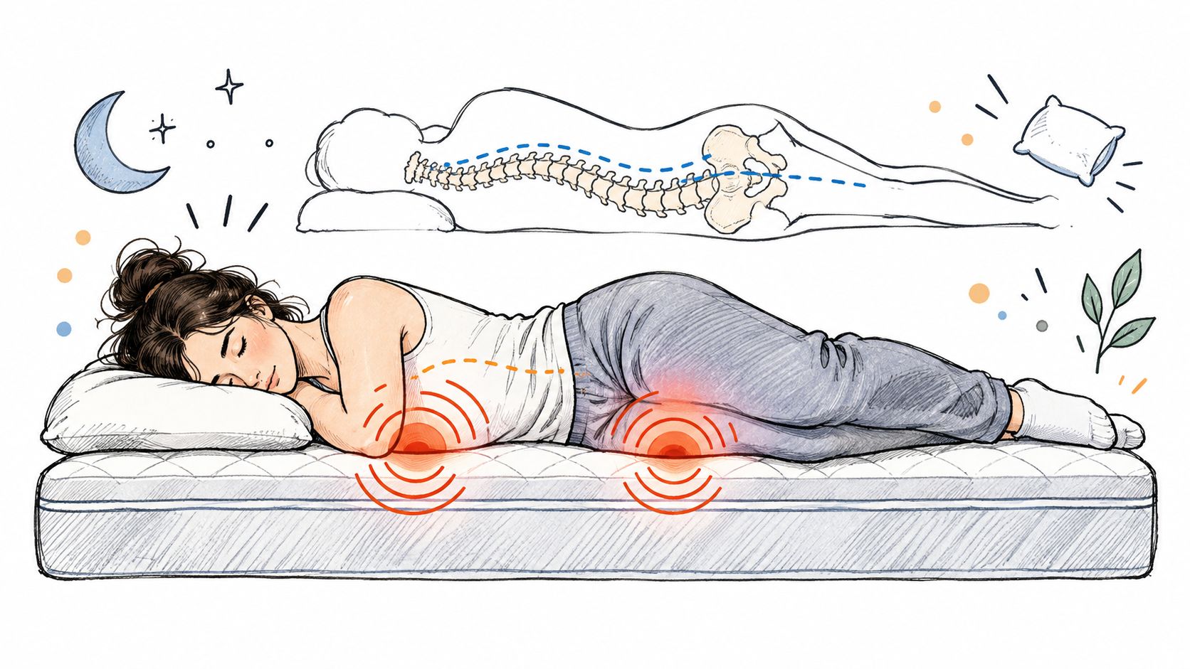 A woman sleeping on her side experiencing hip and shoulder pain due to an improper mattress alignment.
