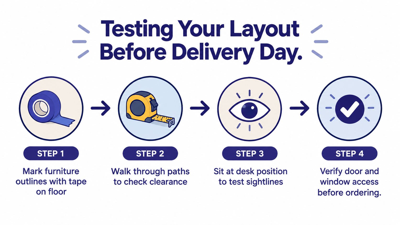 A four-step infographic showing how to plan office furniture layouts by marking floors and testing paths.