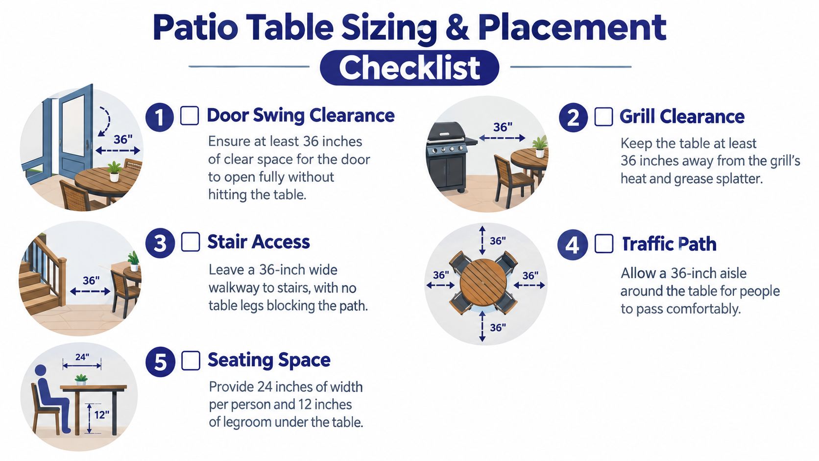 An infographic checklist showing five essential measurements for proper patio table placement and sizing in outdoor spaces.