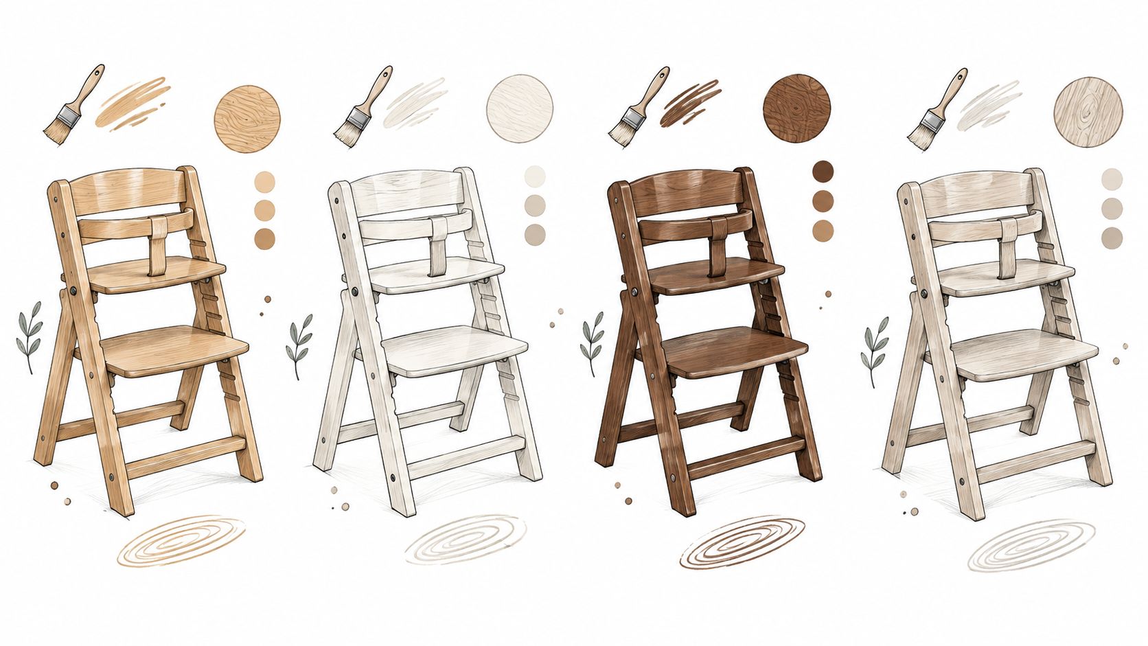 Four different wooden high chair designs in various natural wood stain colors displayed on a white background.