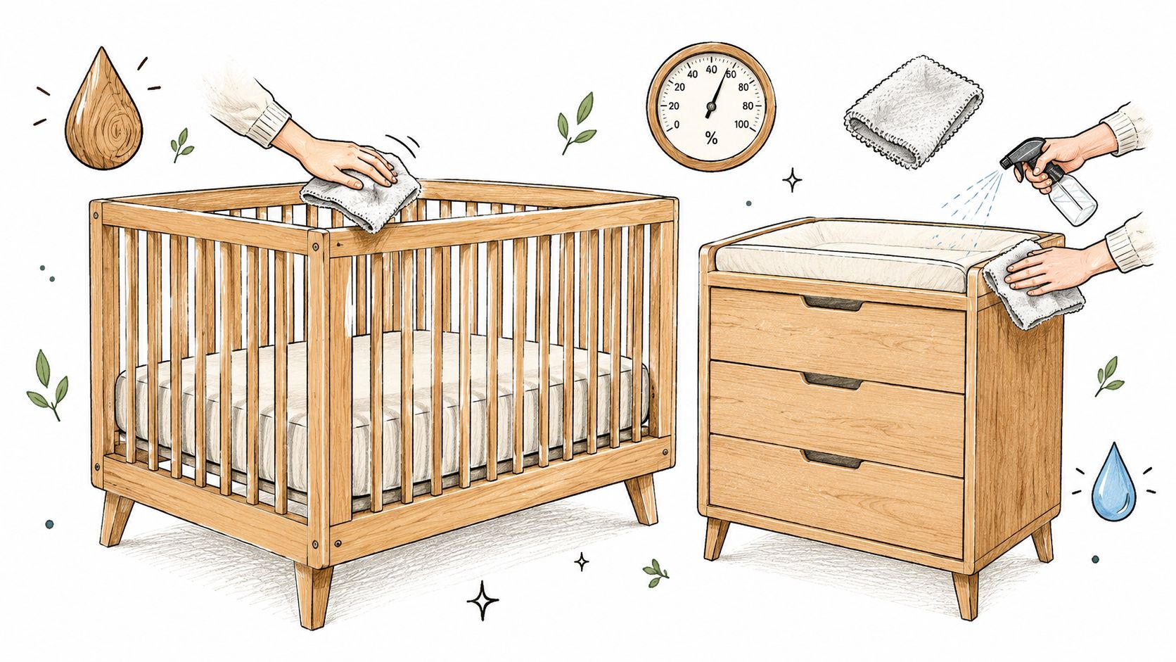 A hand wiping a wooden nursery crib and a changing table with a cloth and spray bottle.
