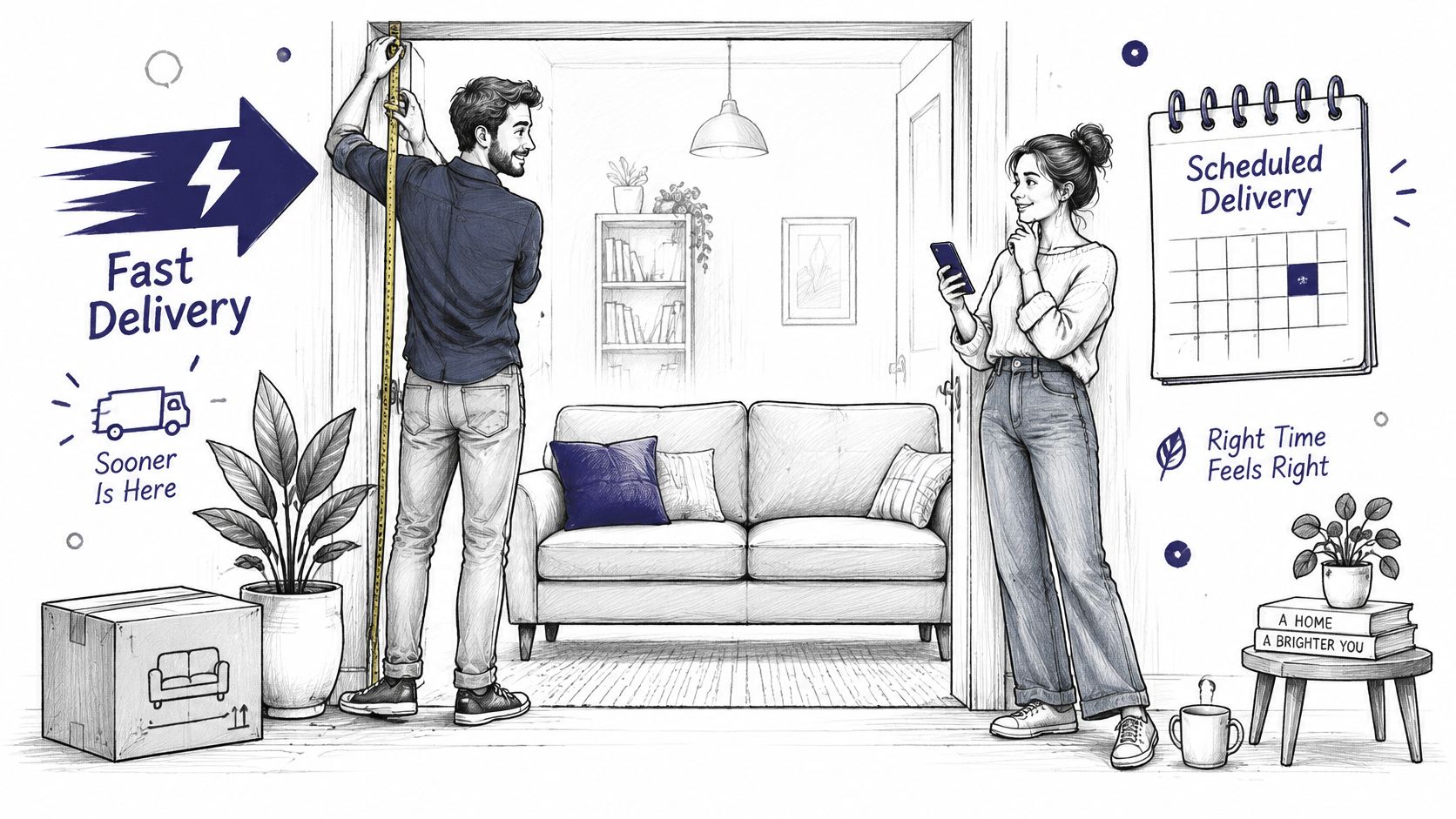 A couple preparing for a furniture delivery by measuring their doorway and checking the scheduled delivery date.