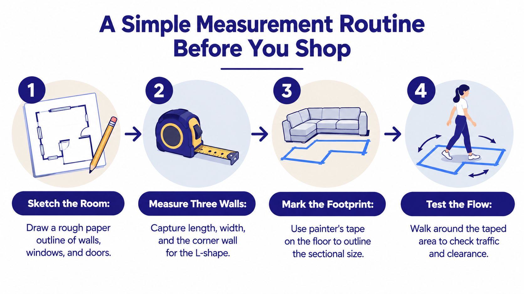 A four-step infographic showing how to measure a room before buying an L-shaped sectional couch.
