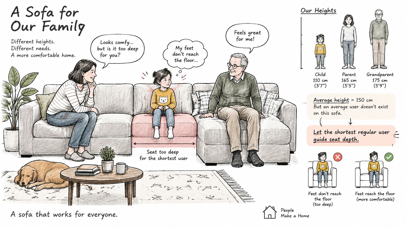 A family illustration demonstrating how sofa seat depth impacts comfort for individuals of different heights.