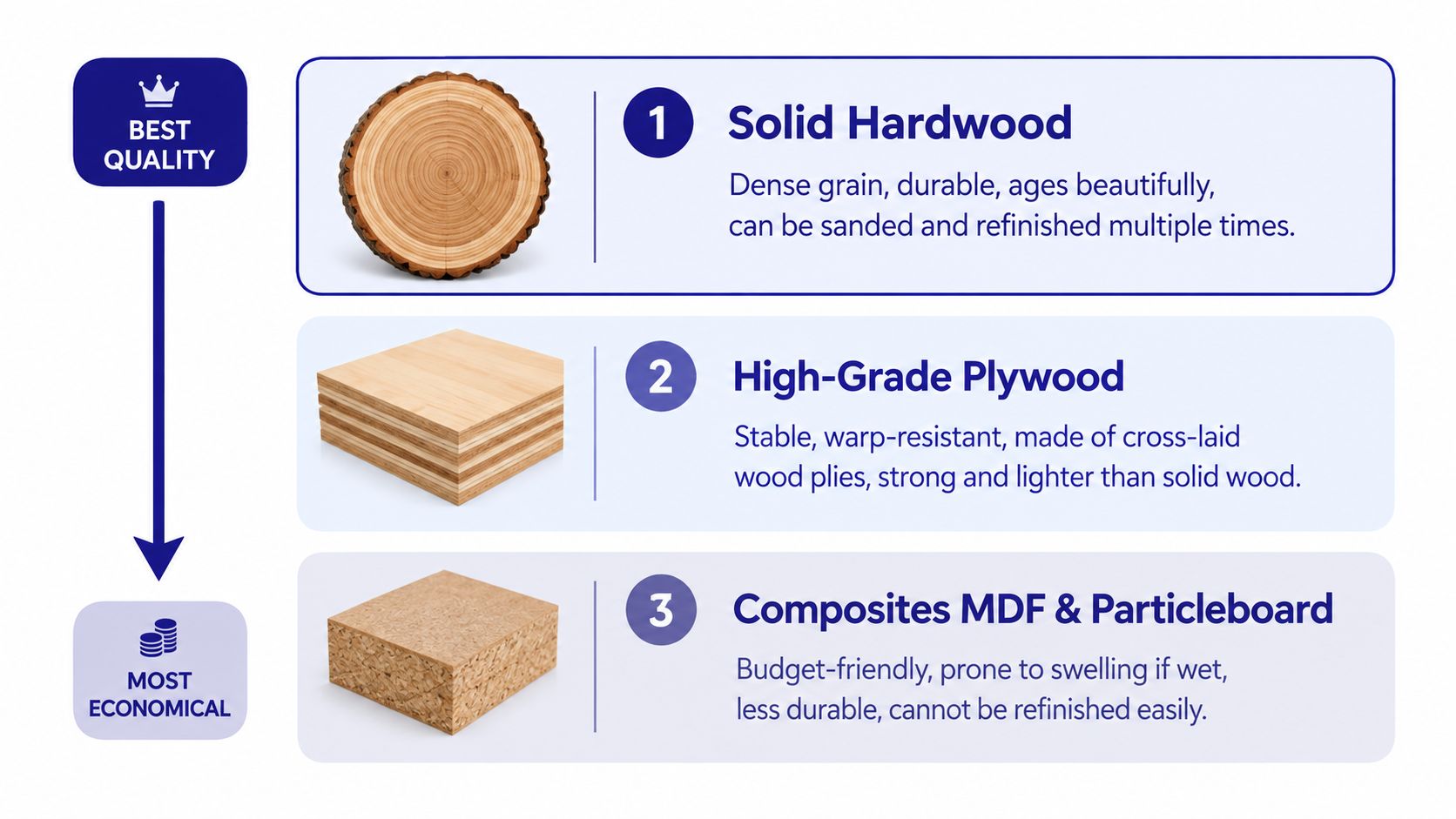 A diagram illustrating the hierarchy of furniture materials from high-quality solid hardwood to economical composite boards.