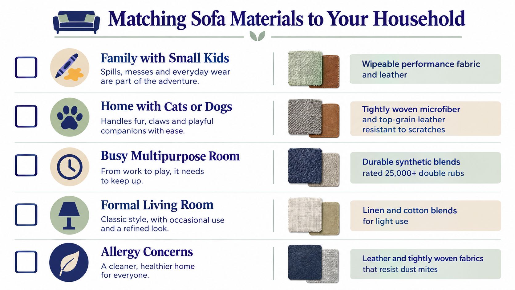 An infographic titled Matching Sofa Materials to Your Household, showing recommended fabric types for different living situations.