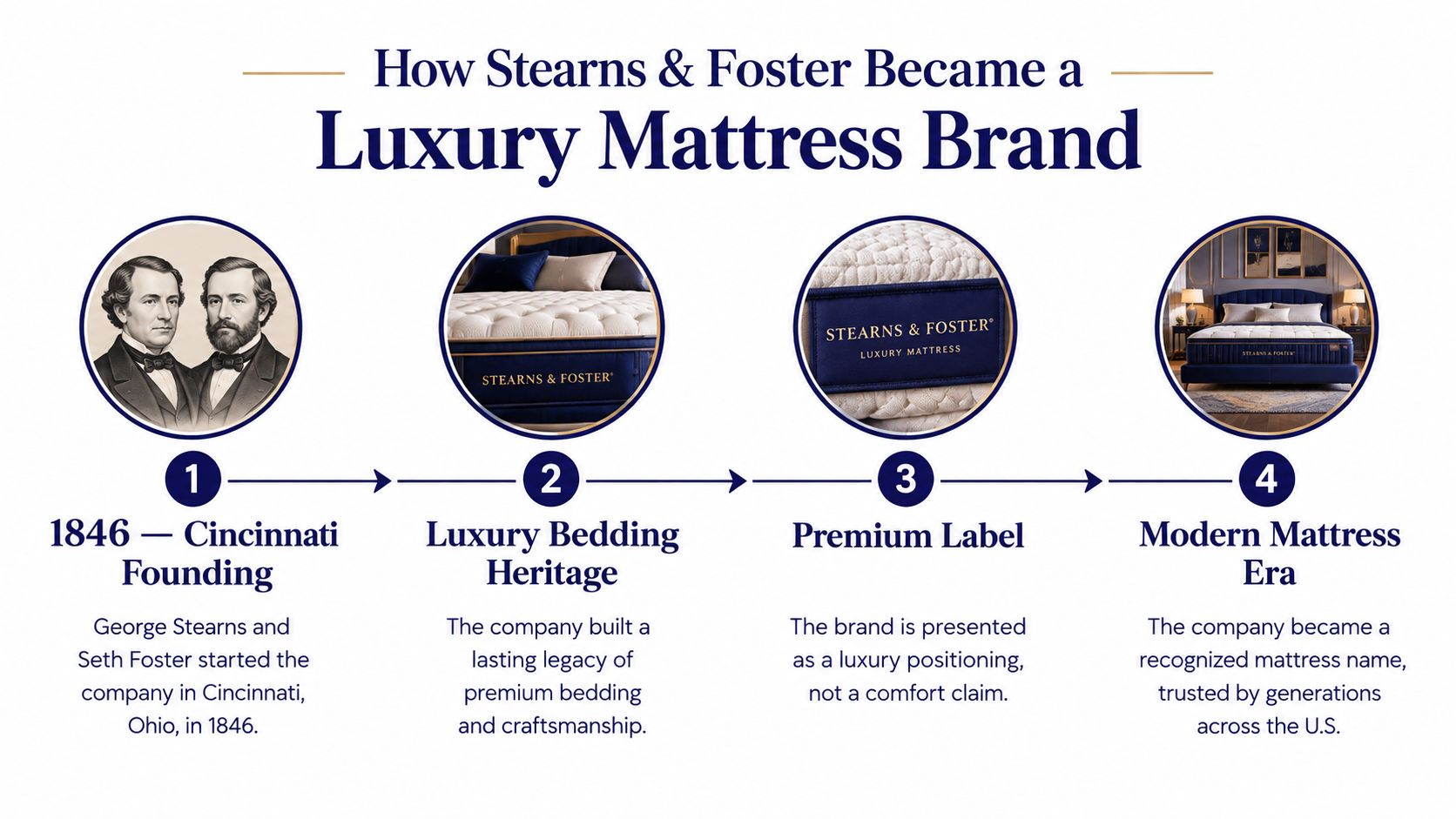 A timeline infographic detailing the history of Stearns & Foster luxury mattress brand from 1846 to present.