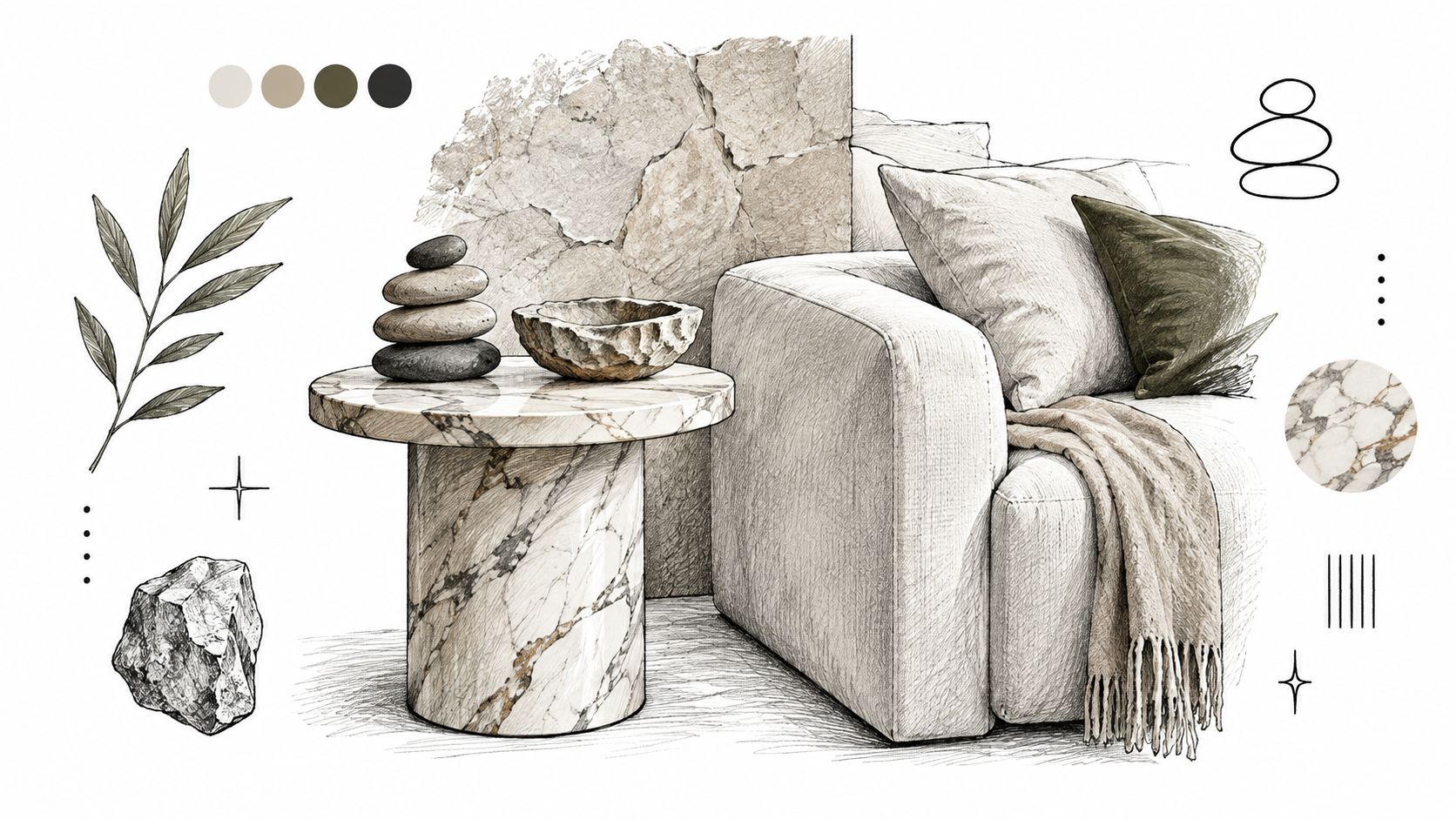 A sophisticated mood board sketch showcasing a marble coffee table, comfortable sofa, and natural home decor accents.