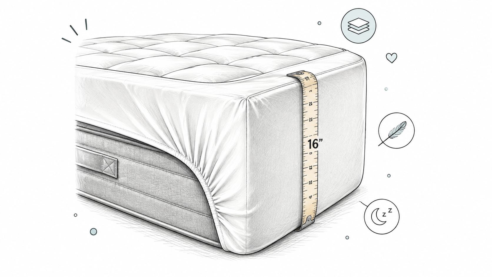 A sketched illustration showing a white fitted mattress protector with a measuring tape indicating a sixteen inch depth.