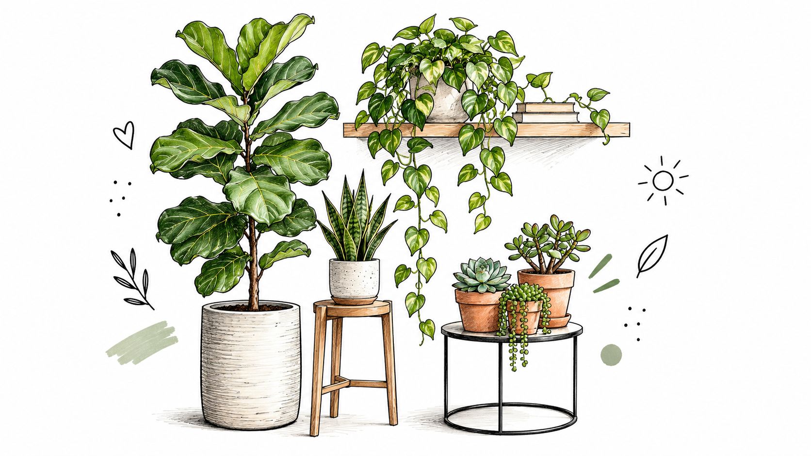 A hand-drawn illustration showing a variety of indoor house plants in stylish pots, shelves, and wooden stands.