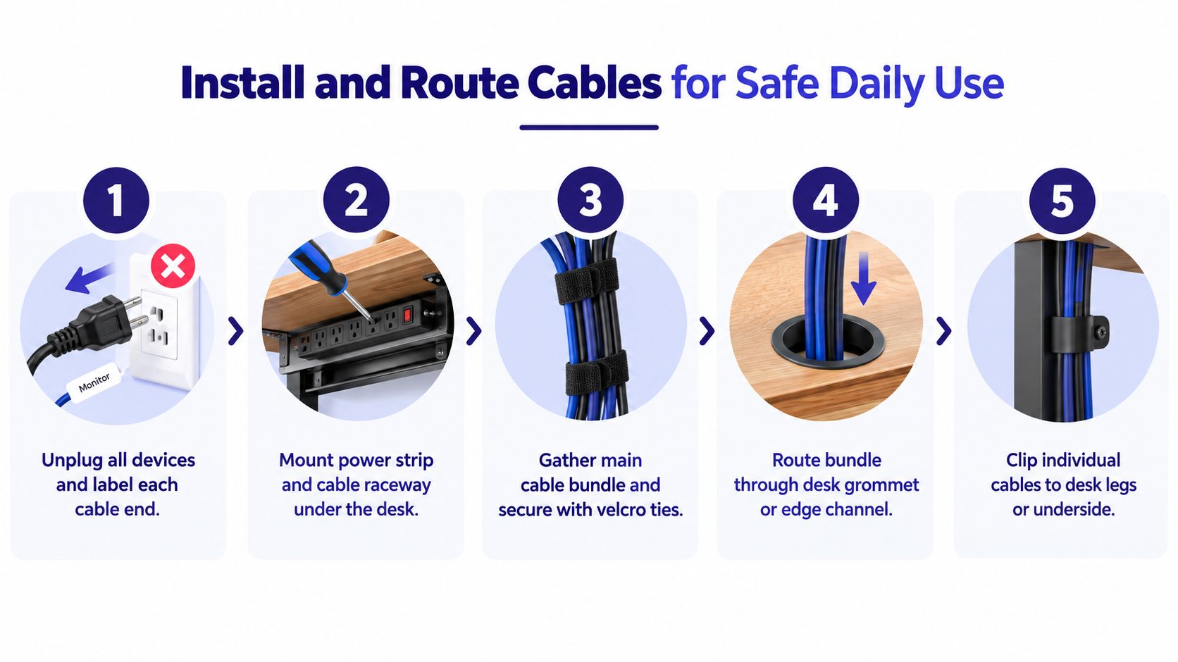 A five-step guide on how to install and route cables for organized, safe daily desk use.