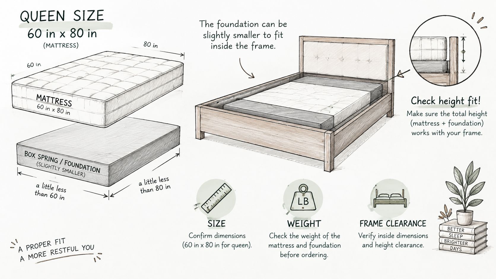 An infographic illustrating how to correctly fit a queen size mattress and box spring into a bed frame.