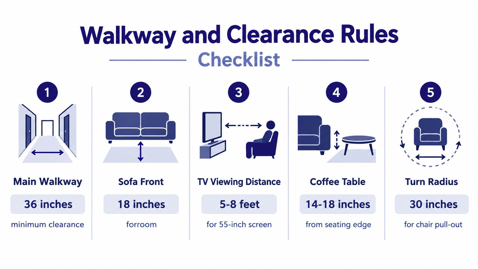 A checklist infographic illustrating recommended furniture spacing and clearance measurements for a functional living room layout.