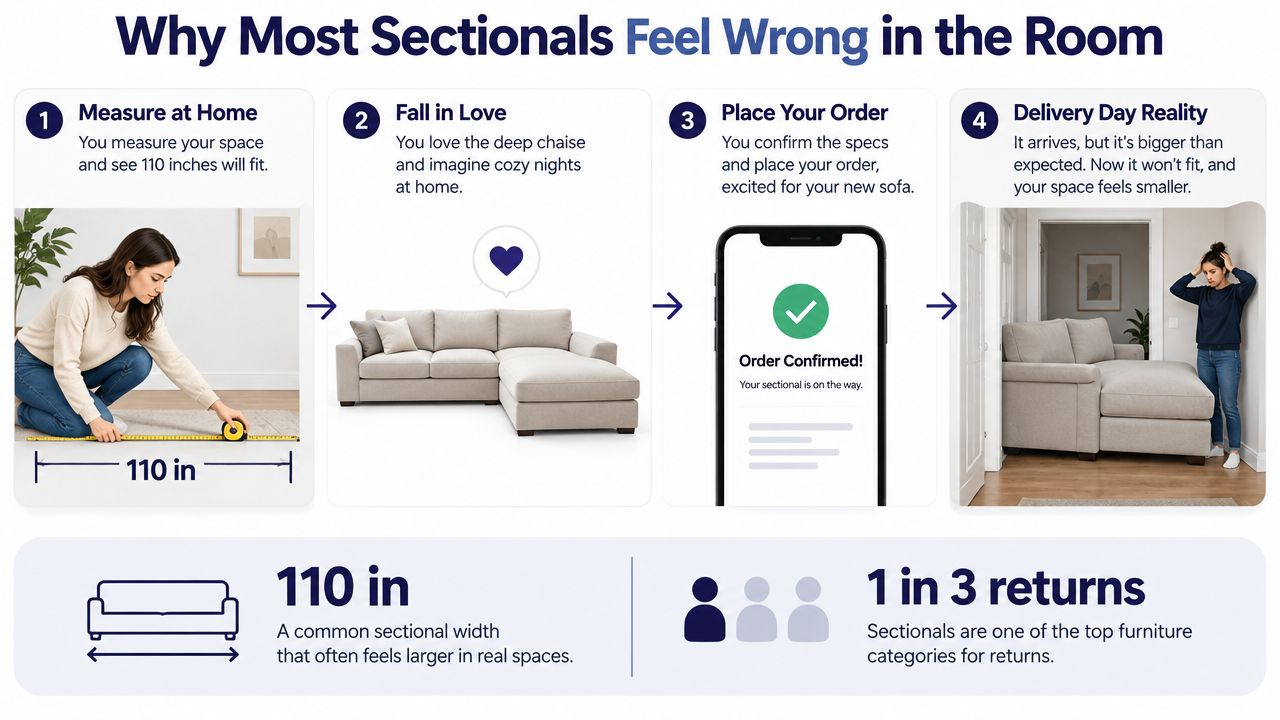 An infographic illustrating the common buyer's remorse when purchasing sectionals that are too large for their space.
