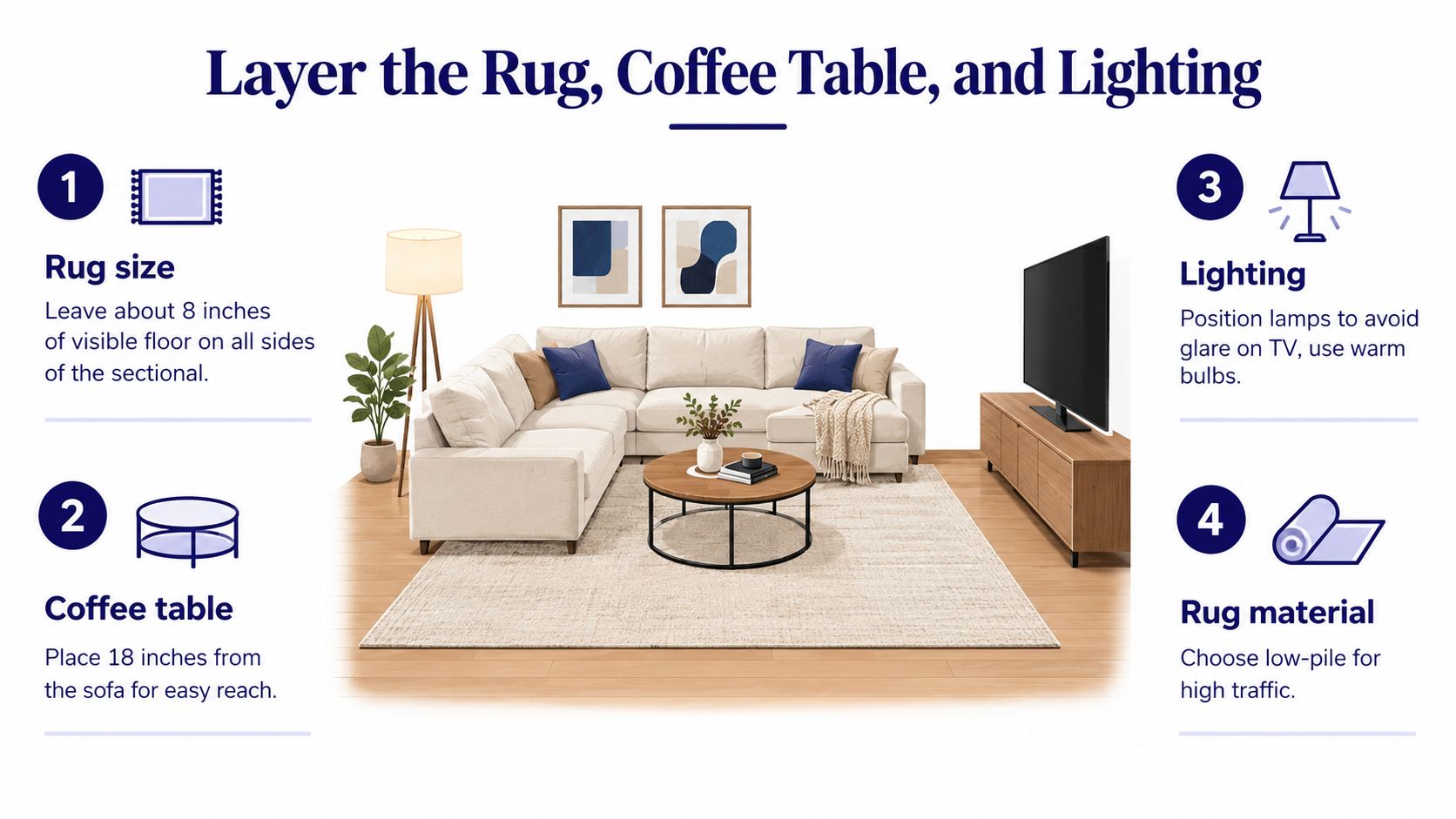 A diagram illustrating interior design tips for a living room with a sectional sofa, rug, and lighting.