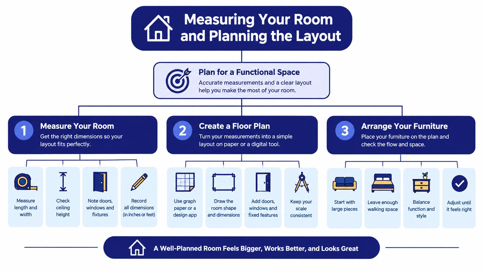 An infographic showing a three-step guide to measuring a room and planning an efficient furniture layout.