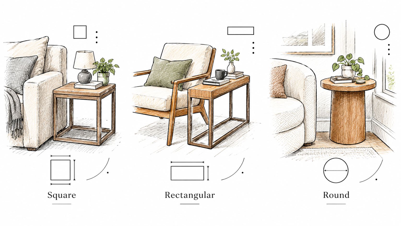 A diagram illustrating square, rectangular, and round end table designs placed next to living room furniture.