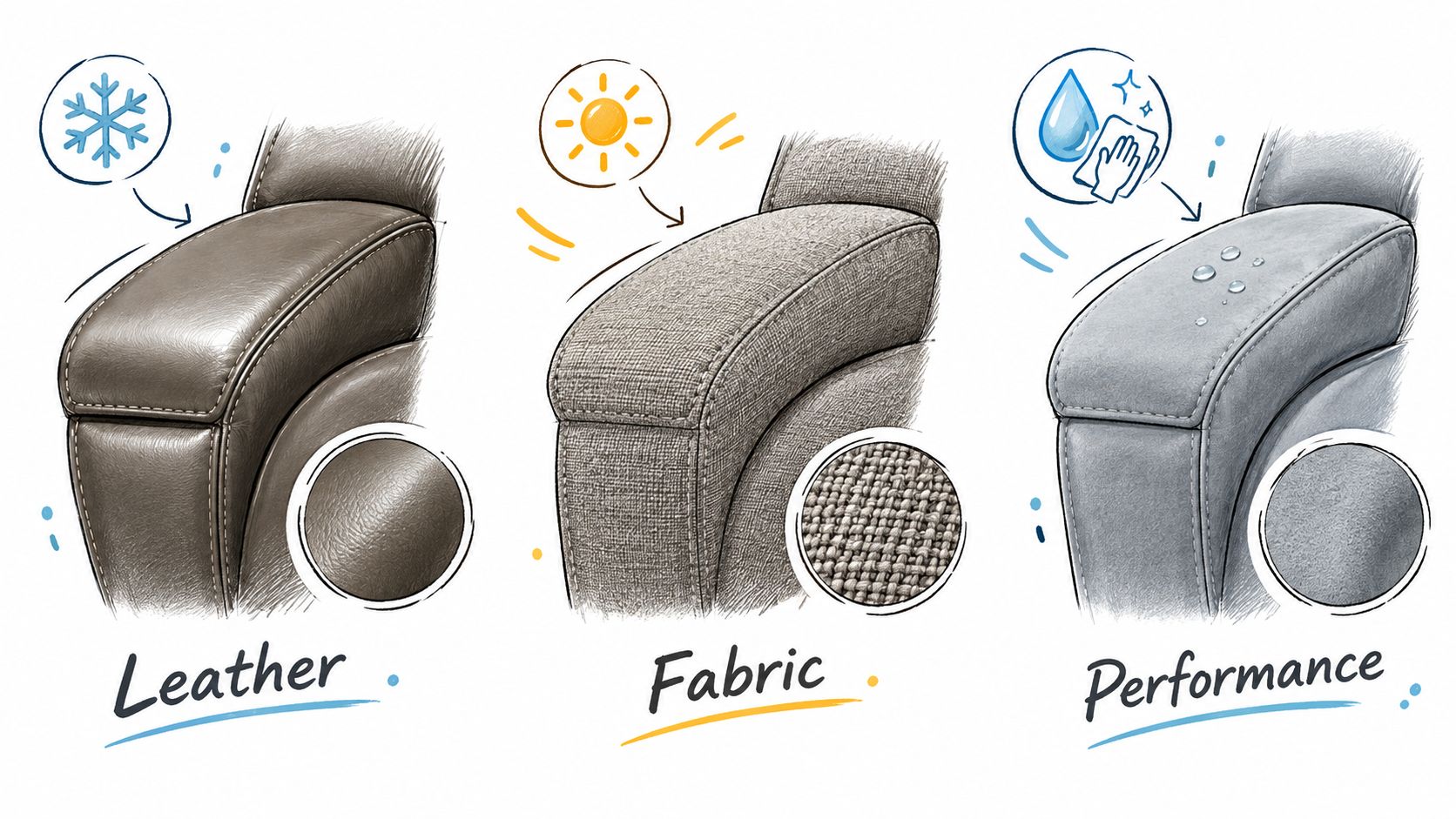 A comparison chart showing illustrations of leather, fabric, and performance upholstery materials for furniture like recliners.
