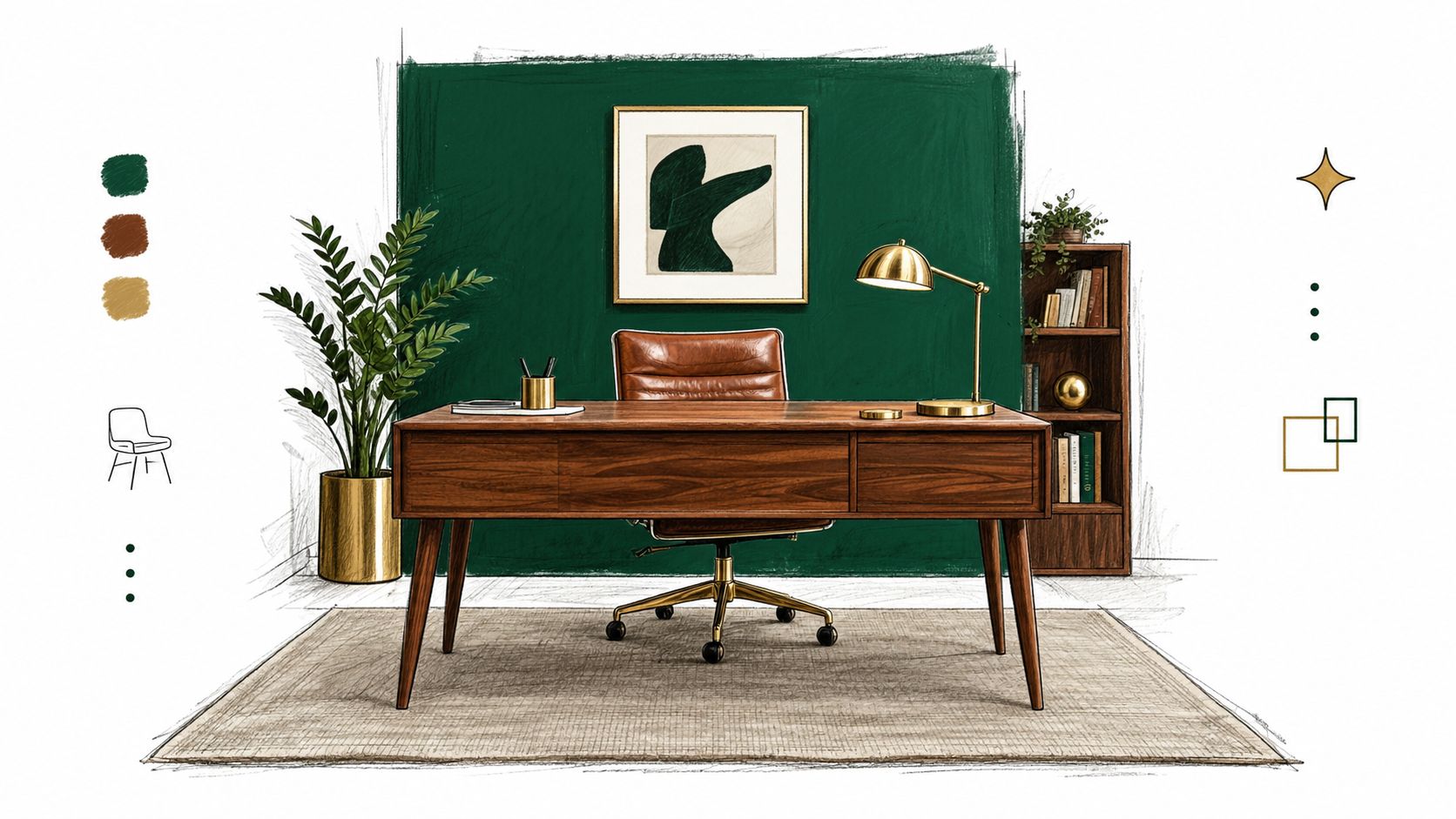 A modern home office illustration featuring a wooden desk, leather chair, and bold dark green accent wall.
