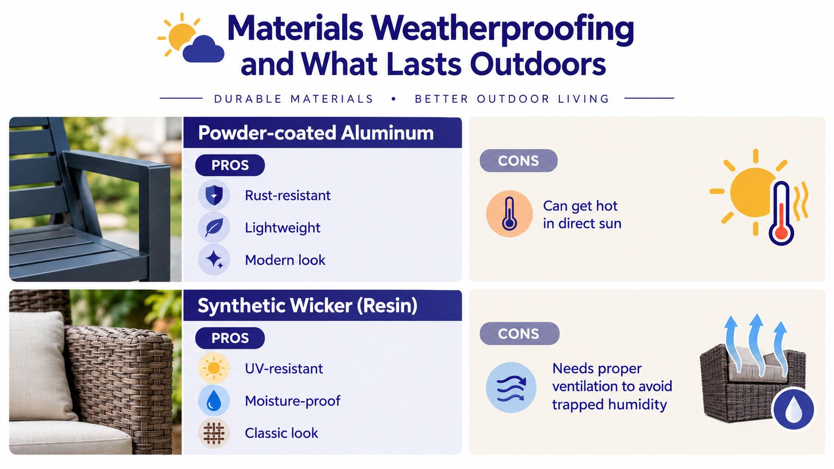 A comparison chart showing the pros and cons of powder-coated aluminum and synthetic wicker for outdoor furniture.