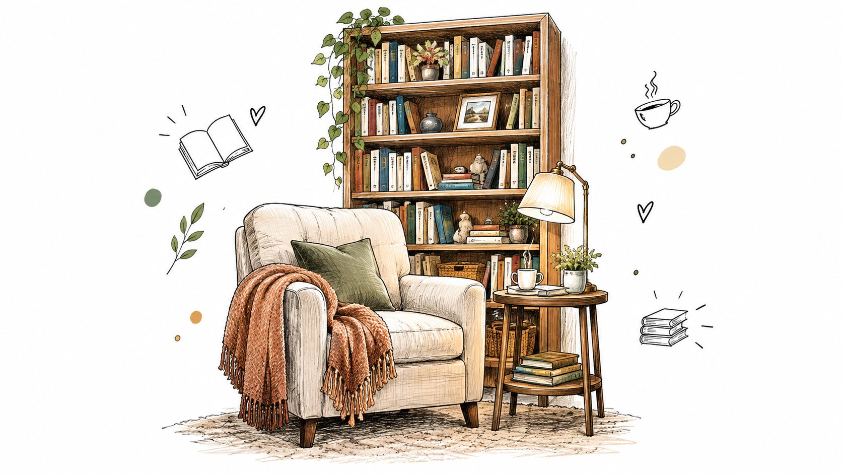 A cozy reading nook featuring an armchair, a bookshelf, and a lamp in a warm sketch style.