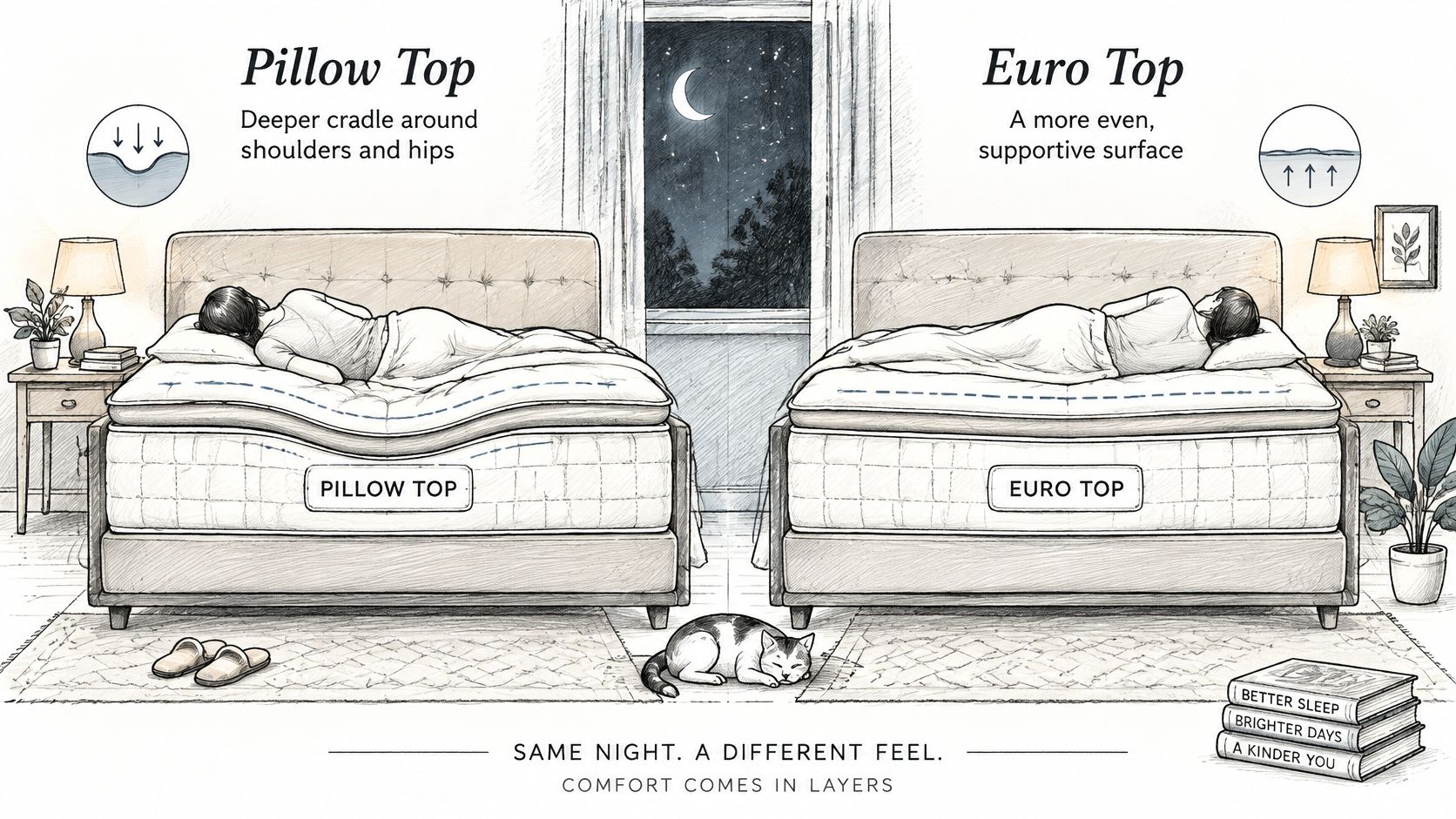 A comparison illustration showing a person sleeping on a Pillow Top mattress versus a Euro Top mattress.