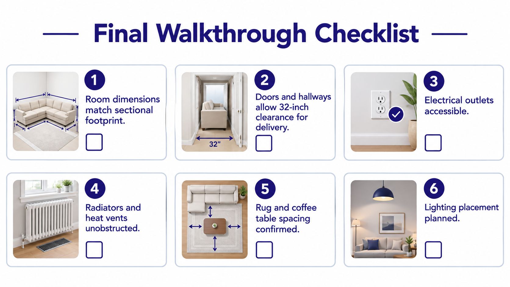 A six-point checklist for preparing a living room to ensure a sectional sofa fits correctly.