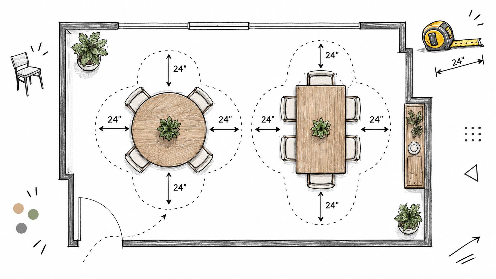 A top-down floor plan comparison showing spacing requirements for a round dining table and a rectangular table.