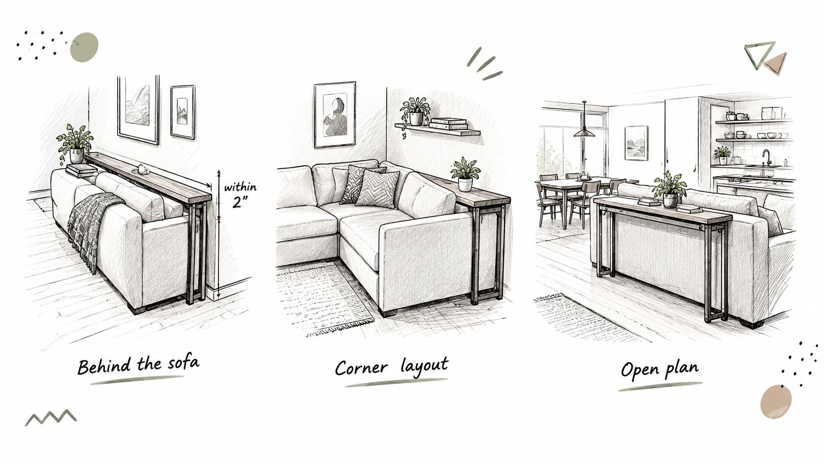 Three illustrations showcasing different ways to position a slim folding sofa table in living room layouts.