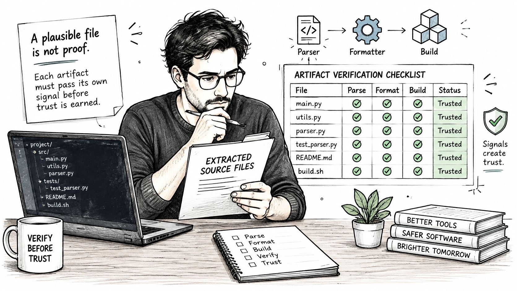 A man studying a software project verification checklist to ensure code integrity from source files.