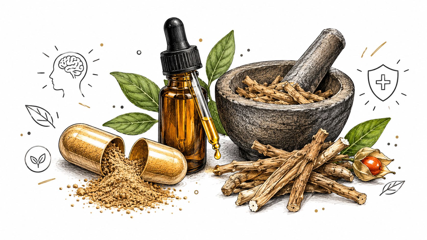 A botanical illustration featuring a capsule of ashwagandha powder, a glass dropper bottle, and raw root segments.