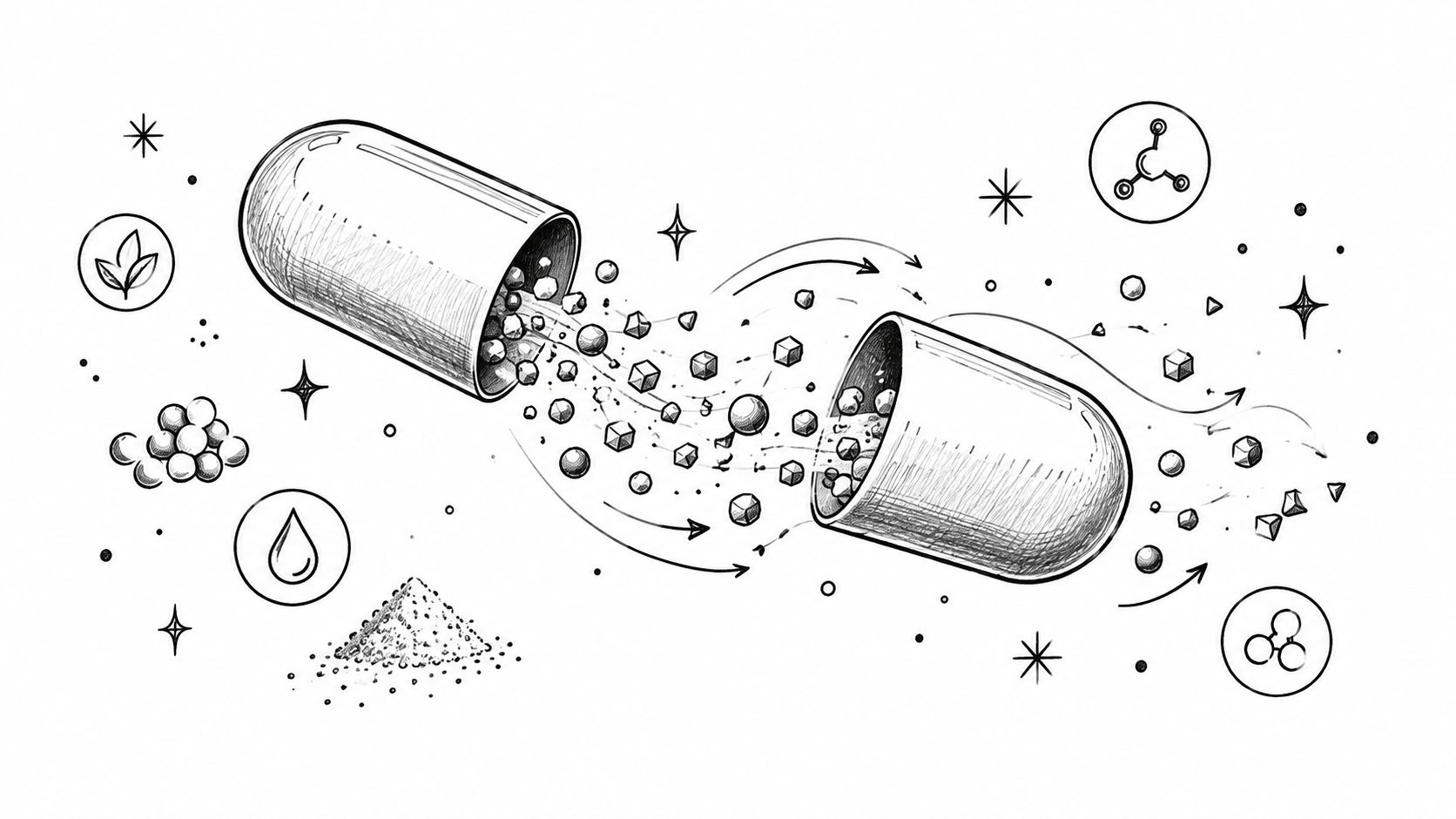 An artistic sketch of an open capsule releasing various particles, representing supplement ingredients and nutritional science concepts.
