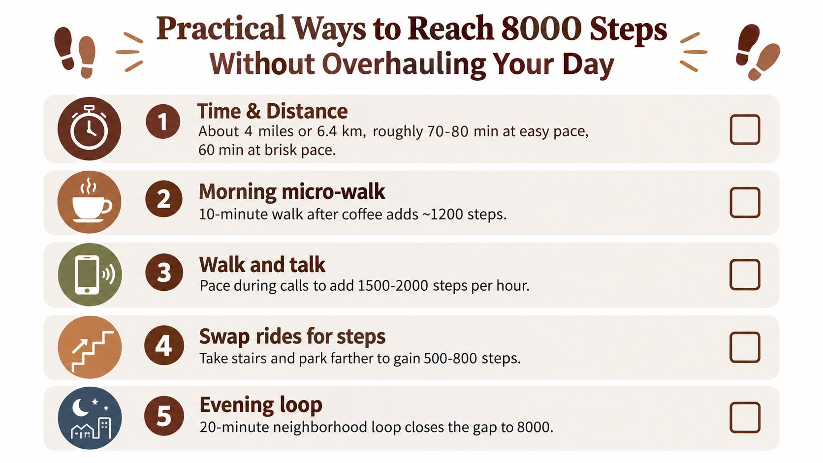 An infographic titled Practical Ways to Reach 8000 Steps Without Overhauling Your Day with five simple tips.