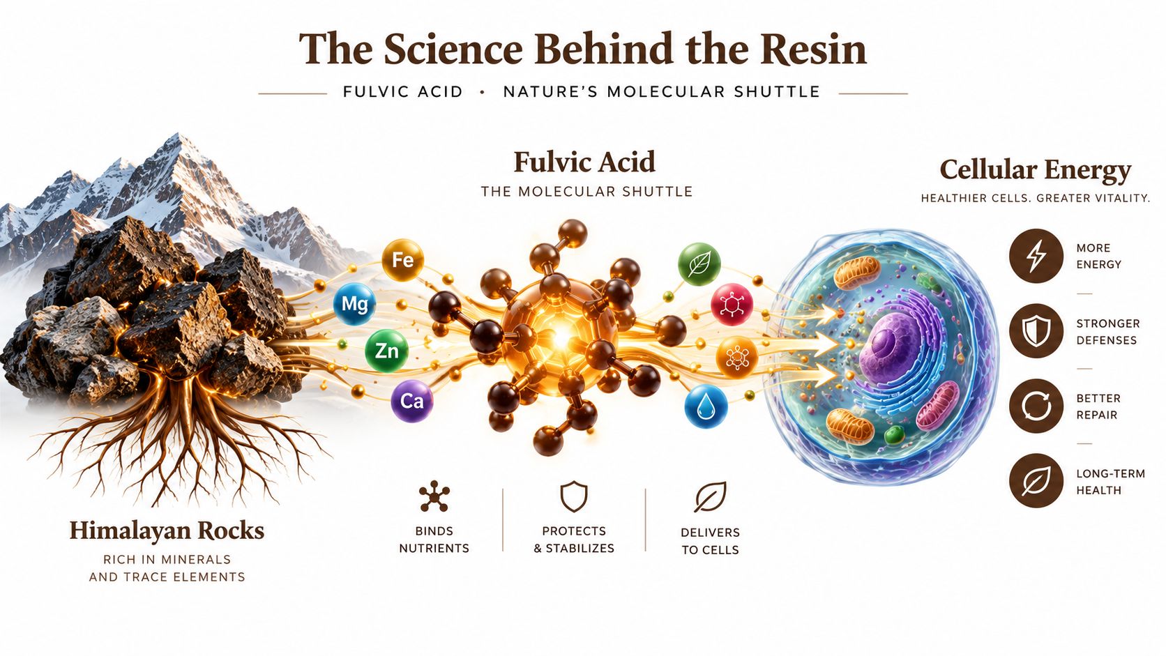 A diagram illustrating how Himalayan shilajit resin delivers minerals to cells through the action of fulvic acid.
