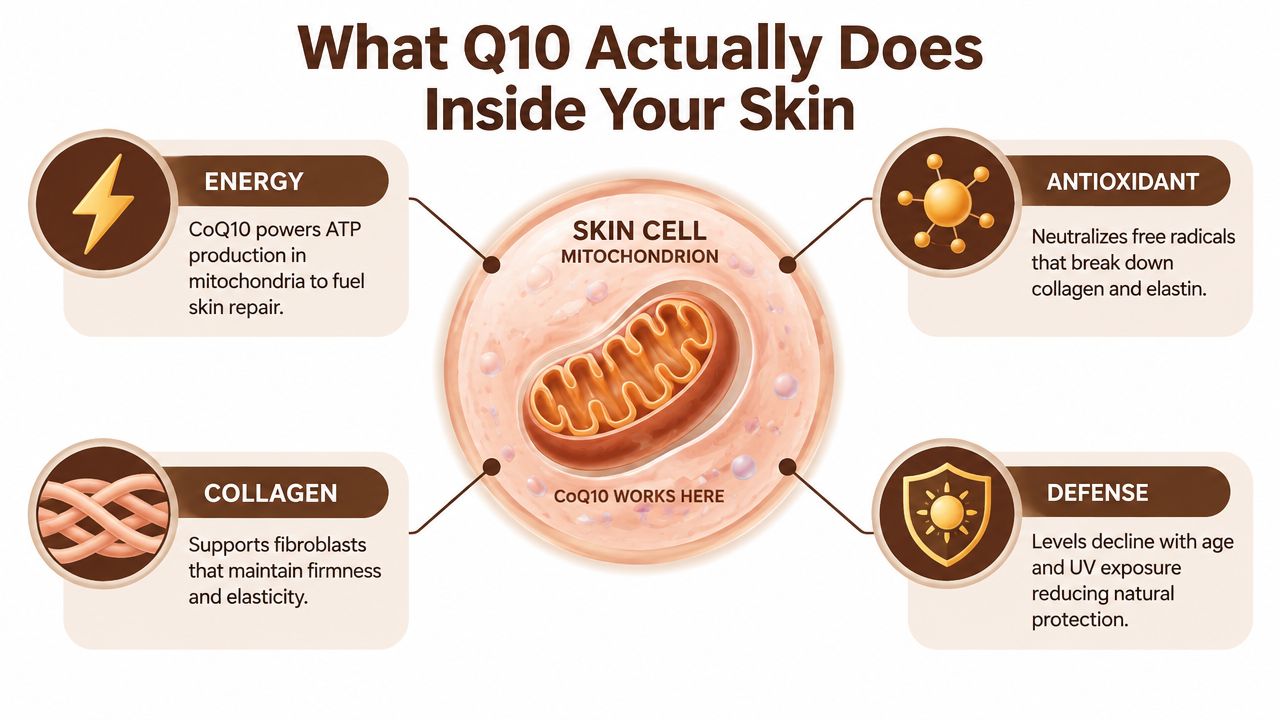 A diagram explaining how CoQ10 functions within skin cells to provide energy, antioxidant protection, and collagen support.