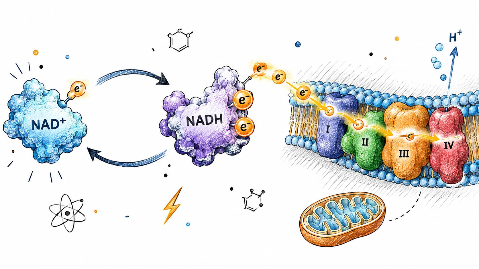 A diagram illustrating the electron transport chain in the mitochondria, showing NADH oxidation and energy production.